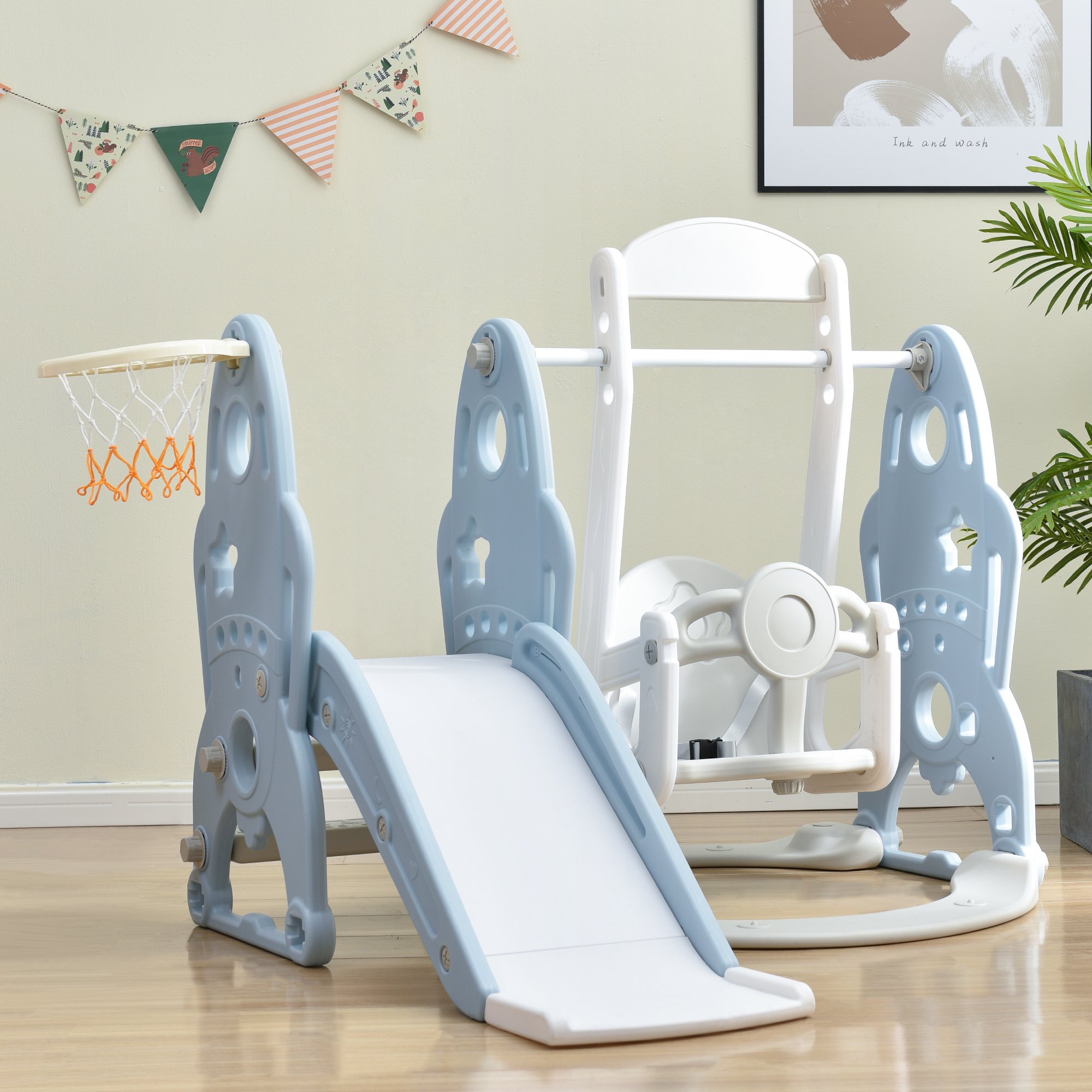 Toddler Slide and Swing Set 3 in 1, Kids Playground Climber Swing Playset with Basketball Hoops Freestanding Combination Indoor & Outdoor Toddler Slide and Swing Set 3 in 1, Kids Playground Climber Swing Playset with Basketball Hoops Freestanding Combination Indoor & Outdoor