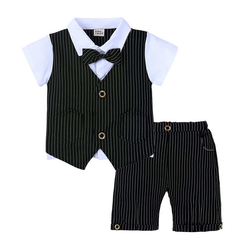 Gentleman's British Summer Fake Two-piece Vest Knitted Shirt And Short With Bow Tie Gentleman's British Summer Fake Two-piece Vest Knitted Shirt And Short With Bow Tie