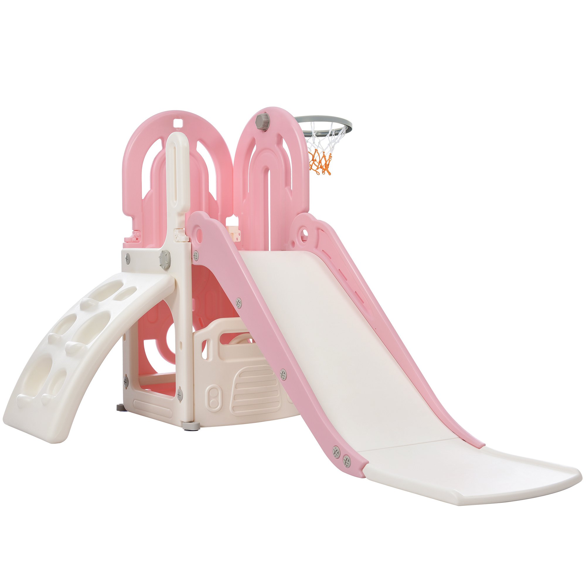 Toddler Climber and Slide Set 4 in 1; Kids Playground Climber Freestanding Slide Playset with Basketball Hoop Play Combination for Babies Indoor & Out Toddler Climber and Slide Set 4 in 1; Kids Playground Climber Freestanding Slide Playset with Basketball Hoop Play Combination for Babies Indoor & Out