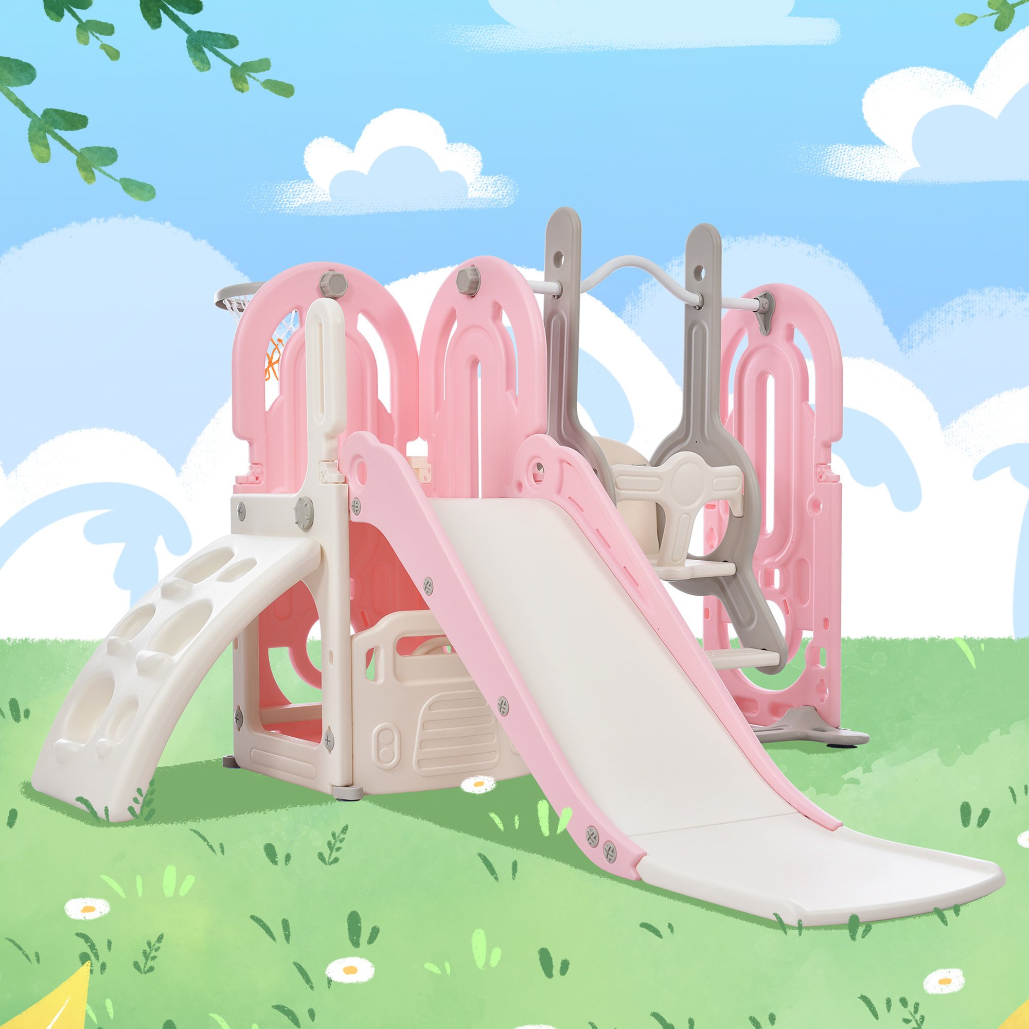 Toddler Slide and Swing Set 5 in 1; Kids Playground Climber Slide Playset with Basketball Hoop Freestanding Combination for Babies Indoor & Outdoor Toddler Slide and Swing Set 5 in 1; Kids Playground Climber Slide Playset with Basketball Hoop Freestanding Combination for Babies Indoor & Outdoor