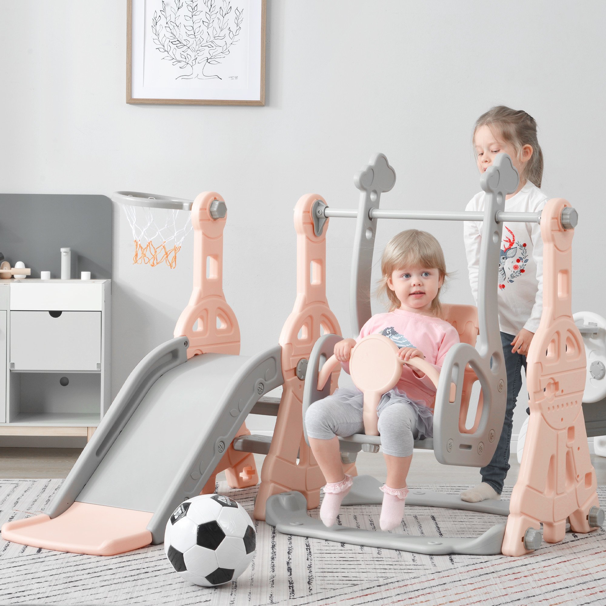 Toddler Slide and Swing Set 3 in 1; Kids Playground Climber Swing Playset with Basketball Hoops Freestanding Combination Indoor & Outdoor Toddler Slide and Swing Set 3 in 1; Kids Playground Climber Swing Playset with Basketball Hoops Freestanding Combination Indoor & Outdoor